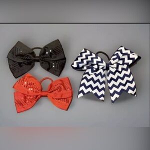 Lot Of 3 Girls Hair Bows, Red Sequin, Black Sequin, Navy & White Zigzag